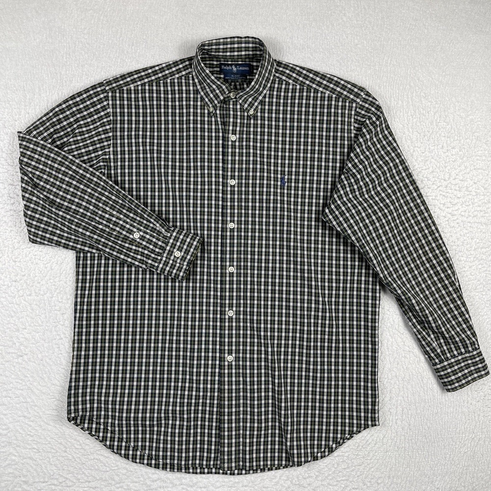 Ralph Lauren Shirt Mens Medium Blue Green Plaid Blake Workwear Office Preppy
